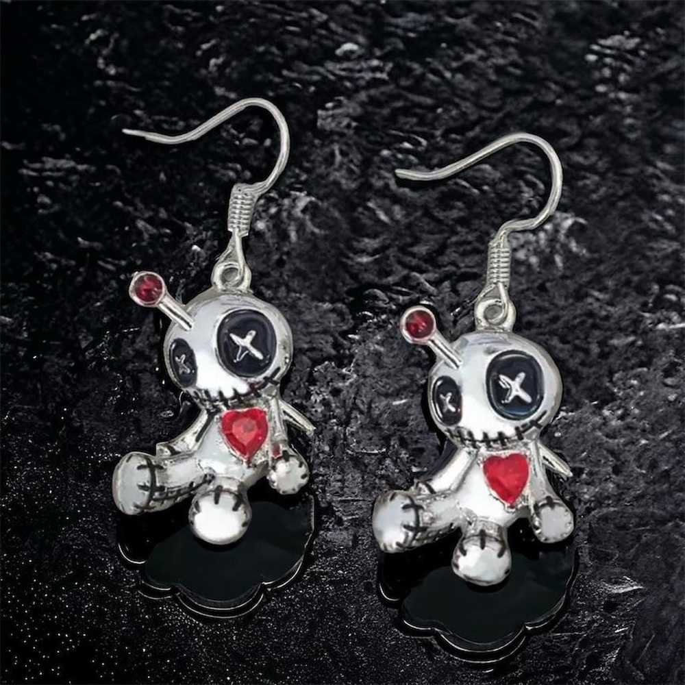 1pair Creative Funny Silver Plated Voodoo Doll Pendant Earrings, Trendy Punk